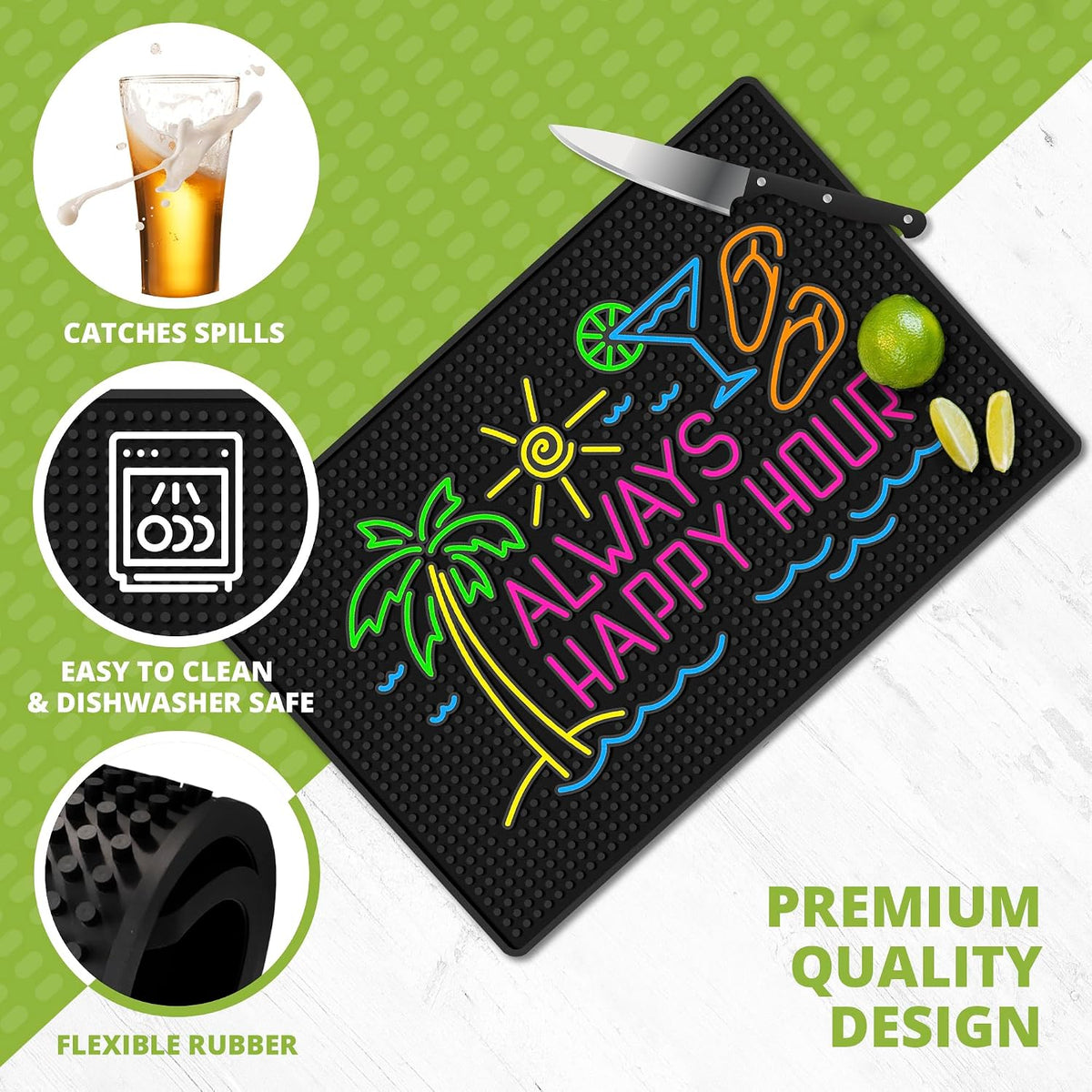 Always Happy Hour Bar Mat - Tiki 18"x12" Rubber Bar Mat for Home Bar, Outdoor Bar, Wet Bar &amp; Countertop, Non-Slip Tropical Spill Mat for Pool, Patio &amp; Tiki Lounge