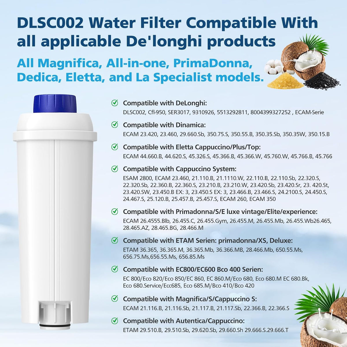 DLSC002 Water Filter Replacement For Delonghi Coffee Machine Filter | Activated Carbon Softener For De'longhi Magnifica evo, Dinamica, Eletta, ECAM, ESAM, ETAM, Bco410/420, Ec680/800, 2 Pack