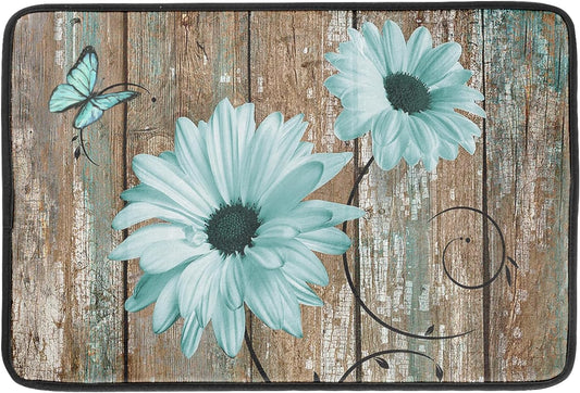 Rustic Daisy Dish Drying Mat for Kitchen Countertop 18x24 inch Teal Sunflowers on Wooden Board Dish Drainer Mats Fast Drying