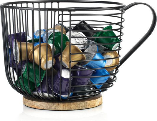 Coffee Pod Holder - Large Capacity Black Wire K Cup Storage with Wooden Base - Modern Coffee Basket Decor for Kitchen