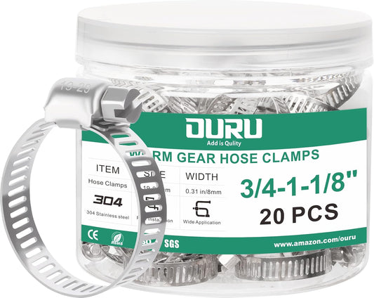 20PCS Hose Clamps Stainless Steel Adjustable 3/4"–1-1/8"(19-29mm) Worm Gear Hose Clamp, Heavy Duty Metal Small Hose Clamps