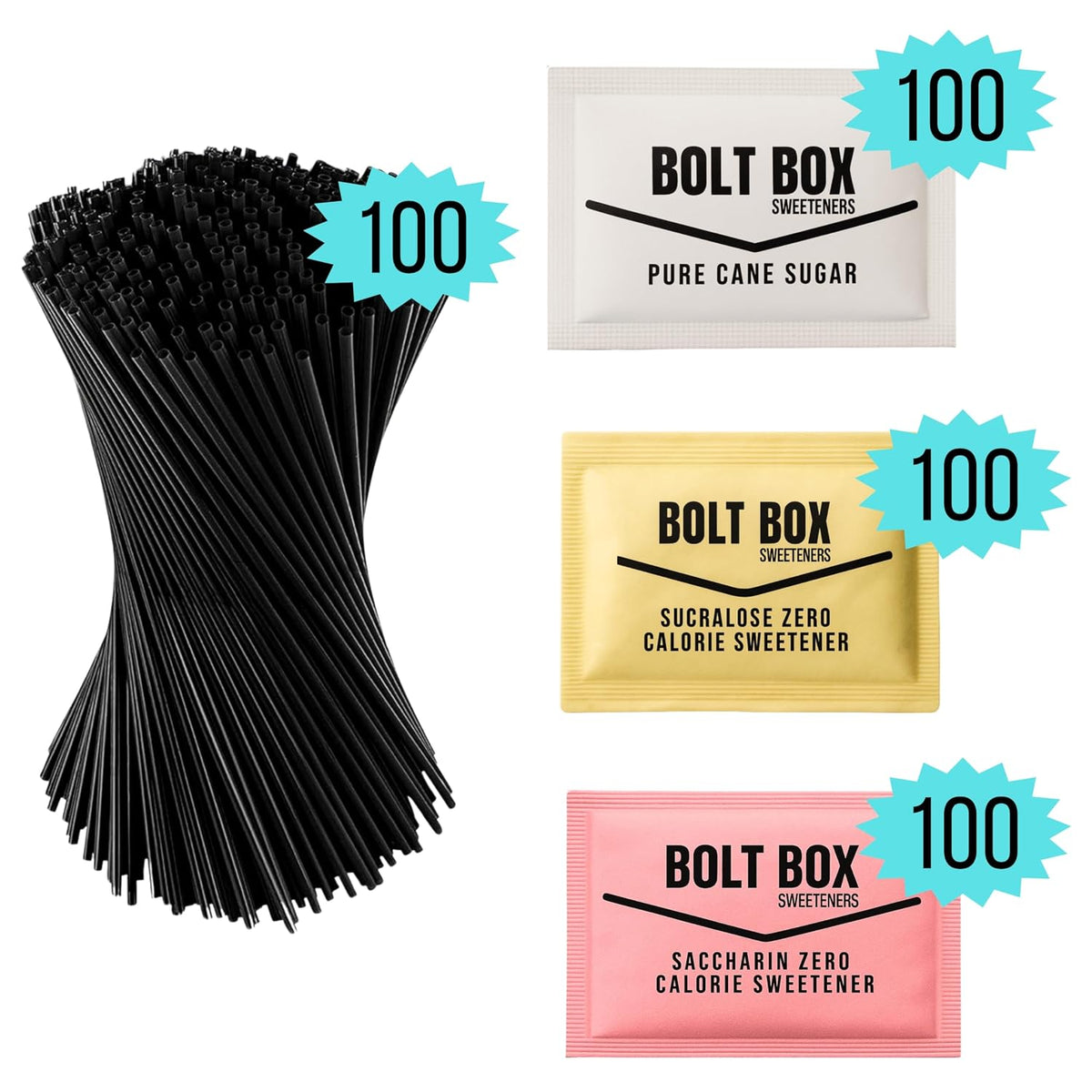 Bolt Box Sugar &amp; Sugar Substitute Packets Variety Pack, 400 Count – Cane Sugar, Saccharin, Sucralose &amp; Stir Straws for Coffee Station, Office Breakroom, Airbnb