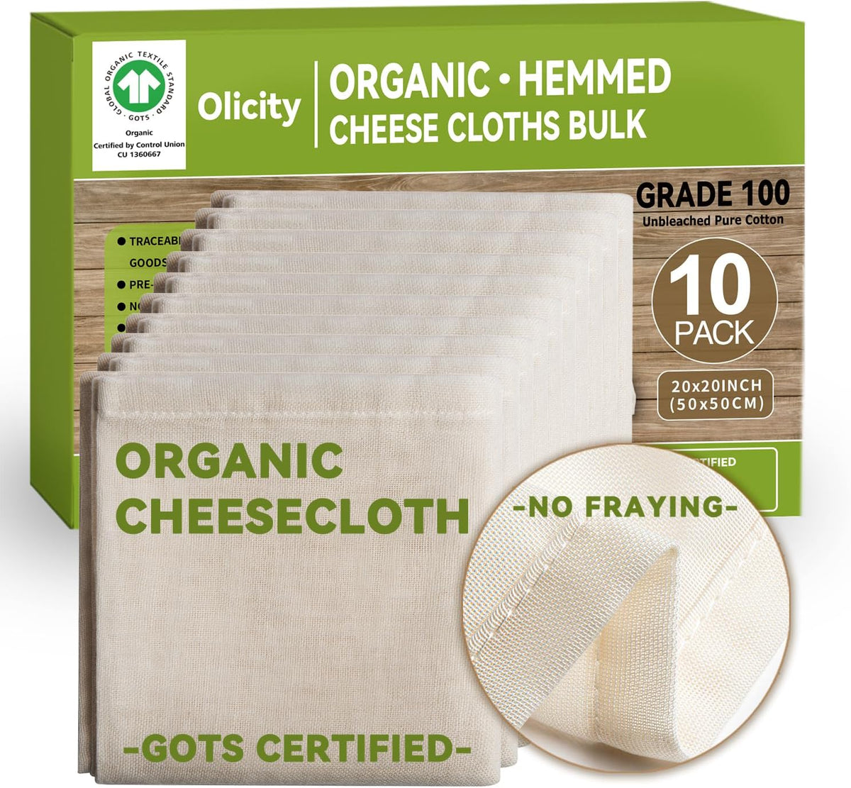 Organic Cheesecloth Bulk,GOTS Certified,10Pack, 20x20” Hemmed Cheese Cloths