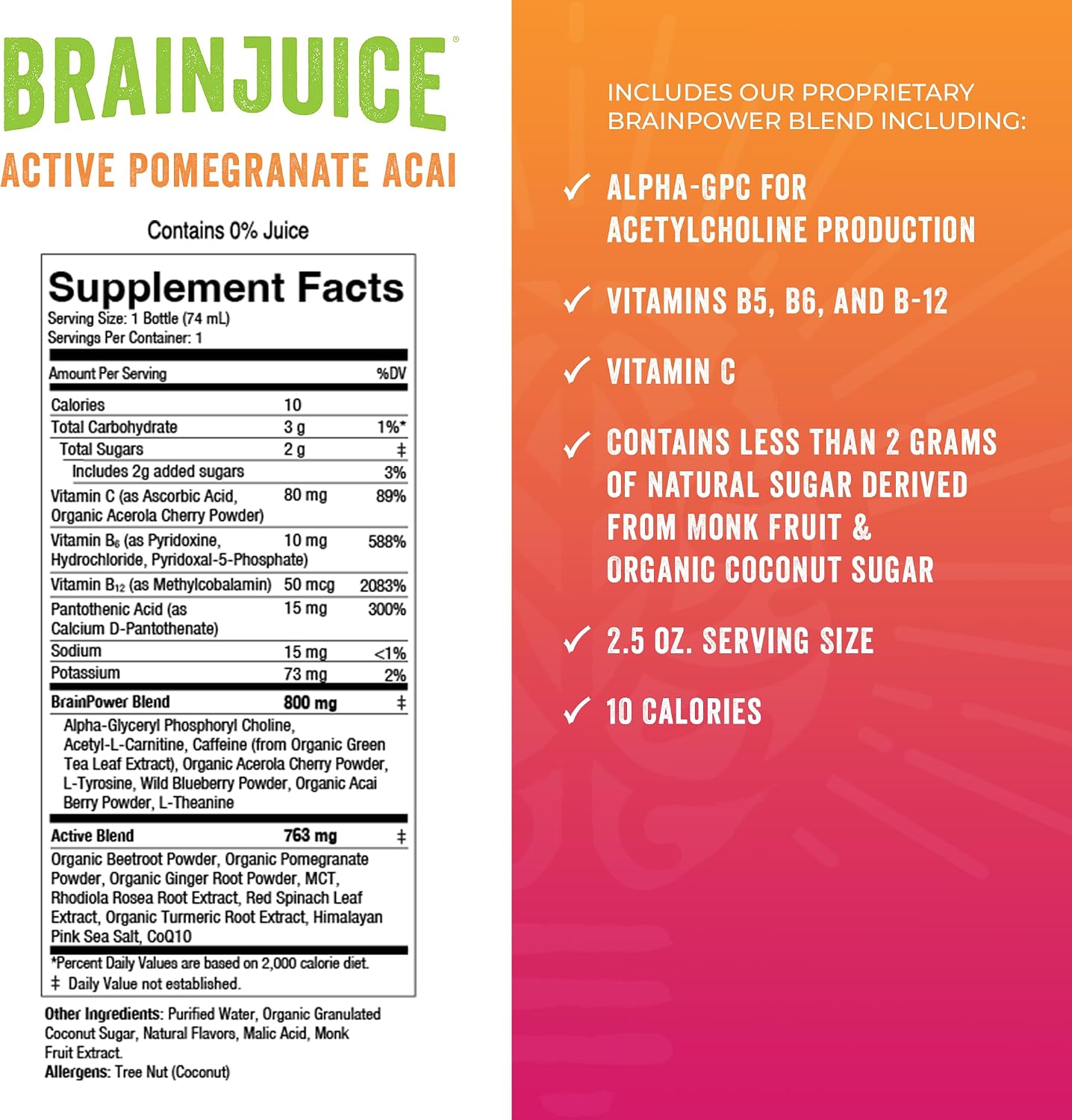BrainJuice Decaf Active Pomegranate Acai Nootropic Supplement Shot, 2.5 fl oz, 12 Pack