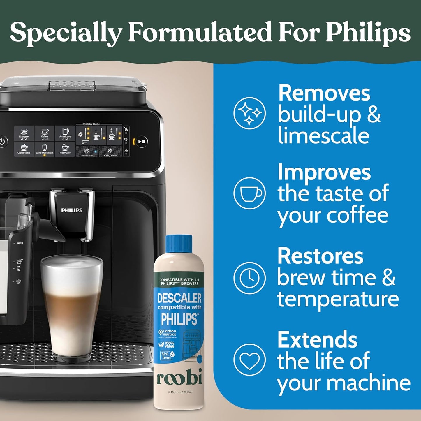 Roobi Philips Compatible Descaling Solution &amp; Cleaner, 2 Pack | Specially Formulated for Philips Espresso Machines &amp; Saeco, Carbon Neutral Descaler Kit, 2 Uses per Bottle