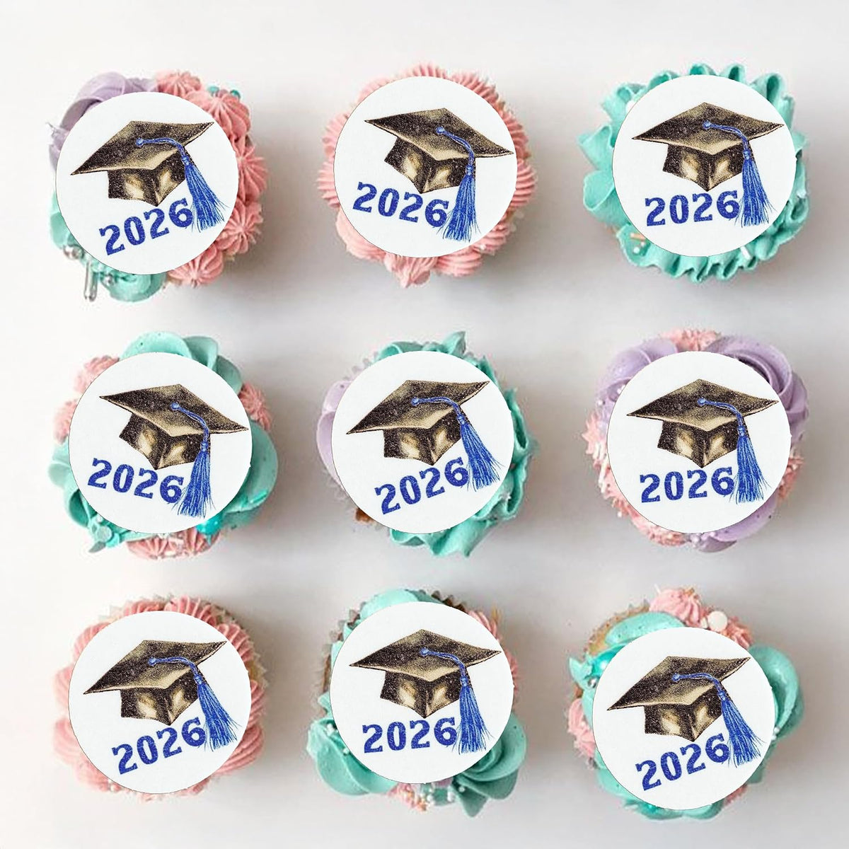 Gyufise 48Pcs Edible 2026 Graduation Cap Cupcake Toppers Wafer Paper Class of 2026 Grad Cap Cupcake Picks for 2026 Graduation