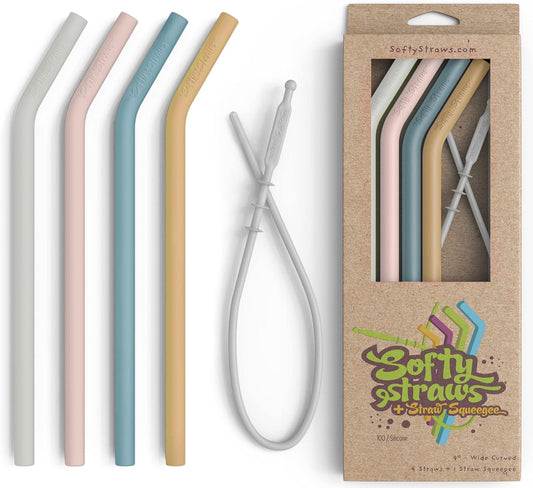 Premium Reusable Silicone Drinking Straws + Patented Straw Squeegee - 9” Long With Curved Bend for 20/30/32oz Tumblers -