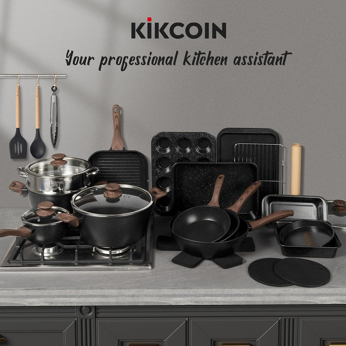 Kikcoin Nonstick Grill Pan for Indoor Cooking，9.5 Inch Versatile Griddle for Stove Tops Steak Pan with Pour Spouts