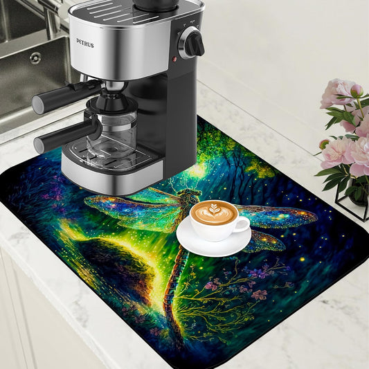 Magic Dragonfly Forest Coffee Mat - Absorbent Dish Drying Mat for Kitchen Counter, Hide Stain, Rubber Backed Bar