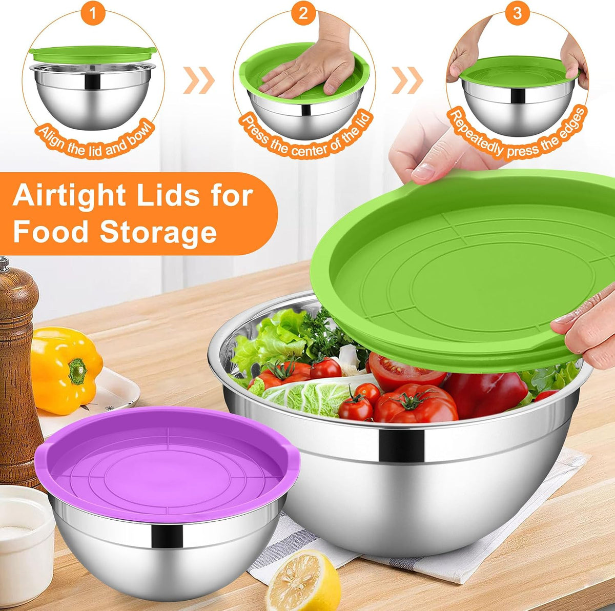 LIANYU Mixing Bowls with Lids Set, Large 7 &amp; 3.5 &amp; 2.5 &amp; 2 &amp; 1.5 &amp; 1QT | 6 Piece Stainless Steel Serving Bowls, Kitchen Metal Nesting Bowl for Cooking, Food Storage, Dishwasher Safe, Multi-Color