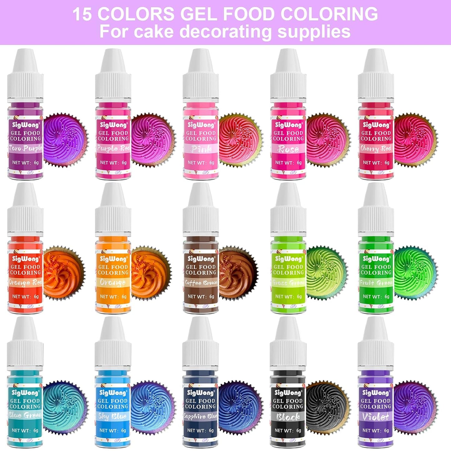 Gel Food Coloring - 15 Colors Flavorless Gel Based Food Color Dye, Vibrant Edible Concentrated Food Coloring for Cake Cookie Decorating, Easter Egg, Icing, Fondant, Baking, Macaron (6g/Bottle) - Vegan