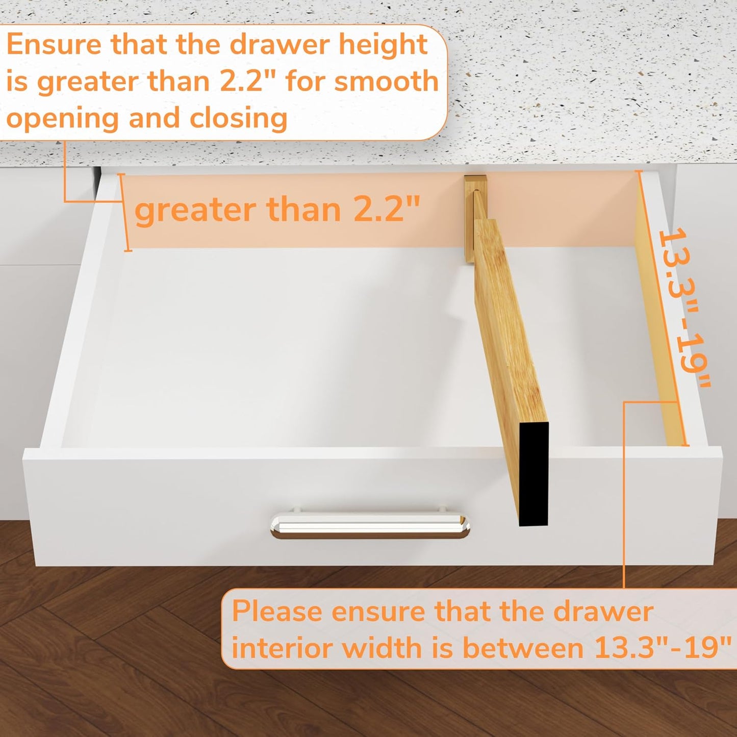 BAMEOS Bamboo Expandable Drawer Dividers – Fits 13.3"–19" Drawers, 2" High, Set of 4 | Spring-Loaded Bamboo Separator for Kitchen Island, Bathroom Vanity &amp; Dresser Drawers