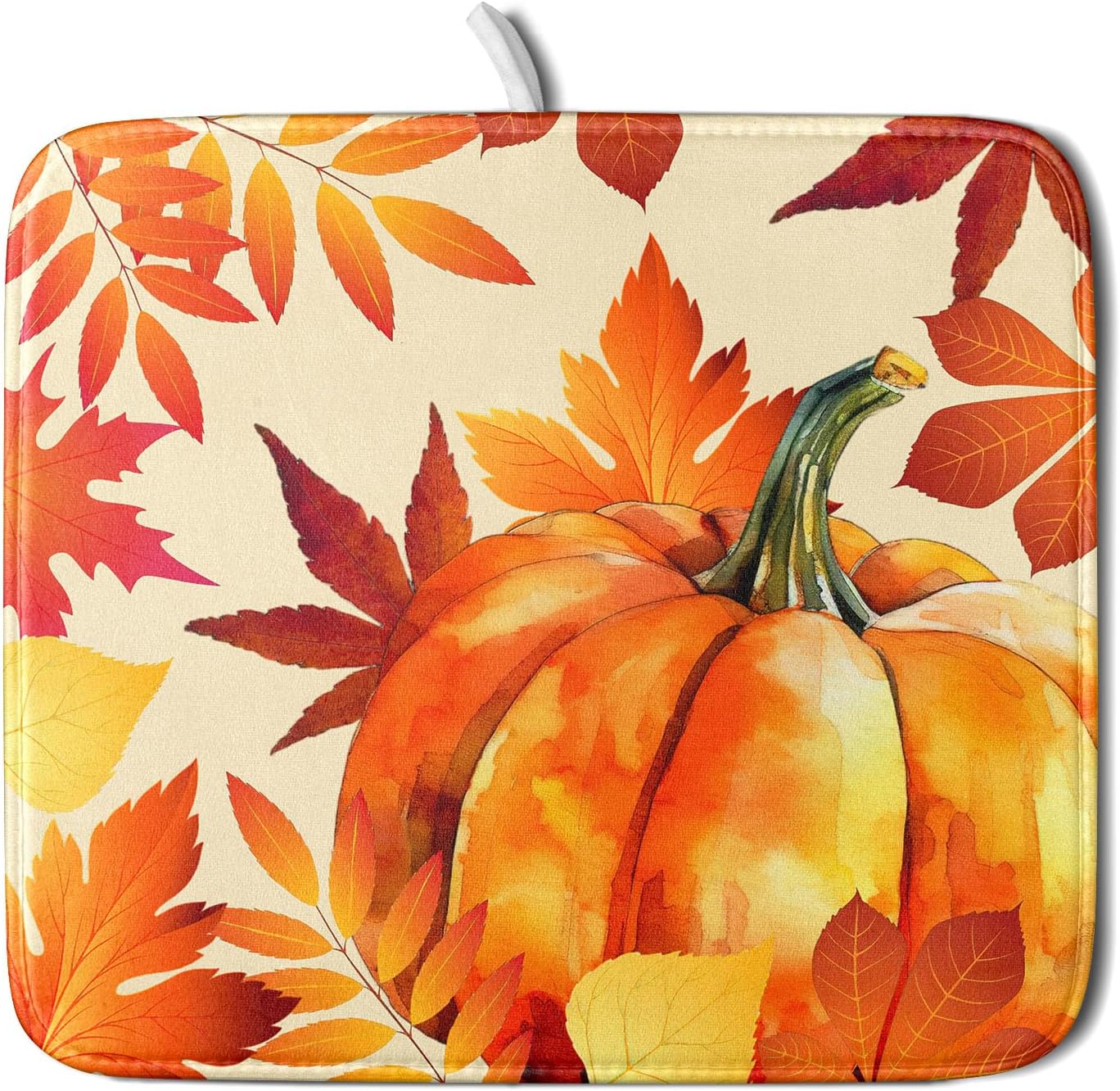 Autumn Pumpkin Maple Leaf Dish Drying Mat for Kitchen Counter,Thanksgiving Fall Holiday Drying Mat with Hanging Loop 16 x 18 Inch Microfiber Dish