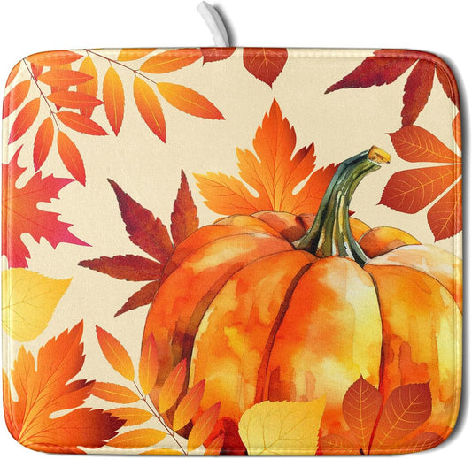 Autumn Pumpkin Maple Leaf Dish Drying Mat for Kitchen Counter,Thanksgiving Fall Holiday Drying Mat with Hanging Loop 16 x 18 Inch Microfiber Dish