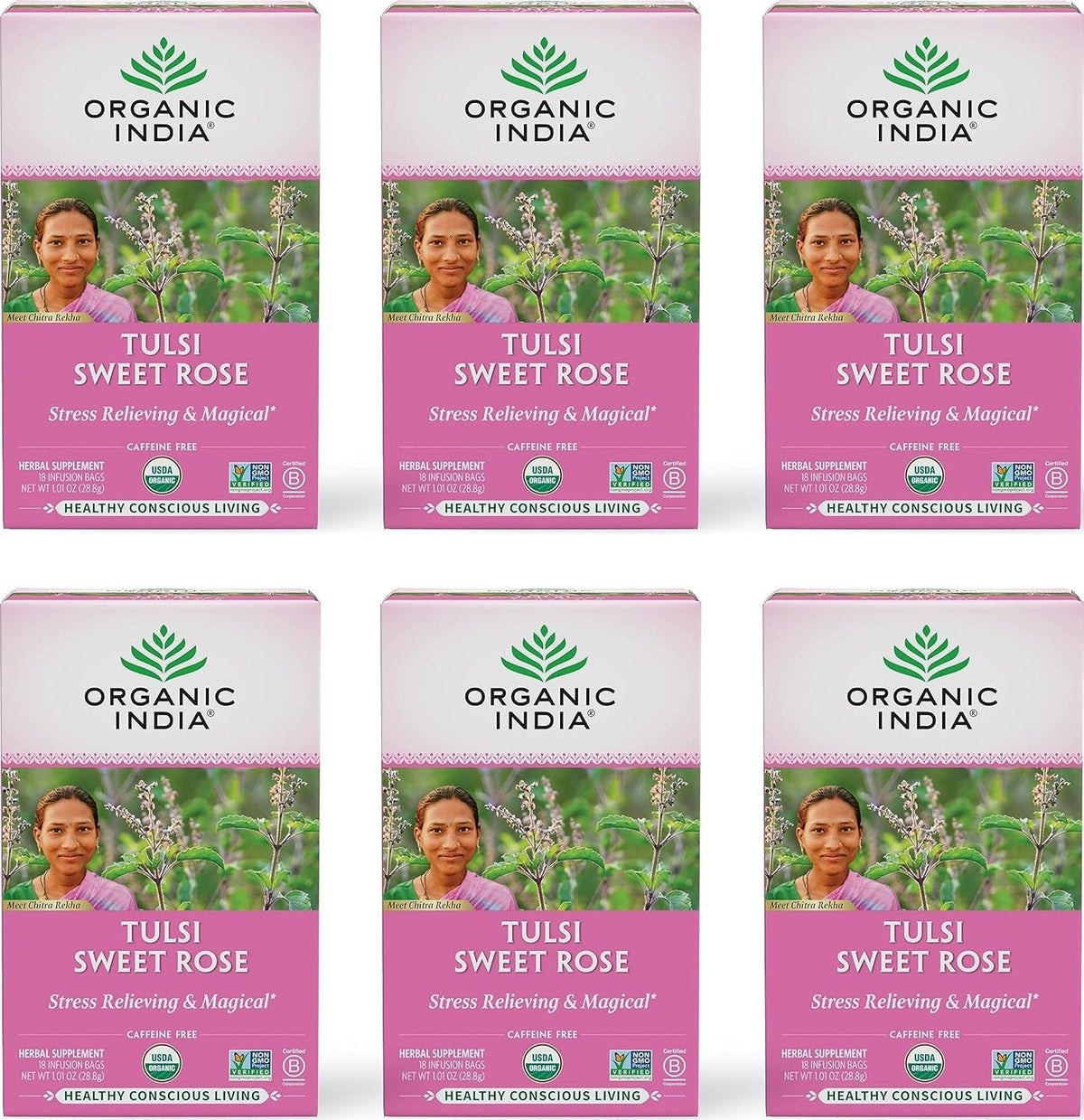 Organic India Tulsi Sweet Rose Herbal Tea - Holy Basil Leaf, African Basil, Chamomilie, Lemon Myrtle, Stress Relieving, Immune Support, USDA Certified Organic, Caffeine-Free - 18 Infusion Bags, 6 Pack