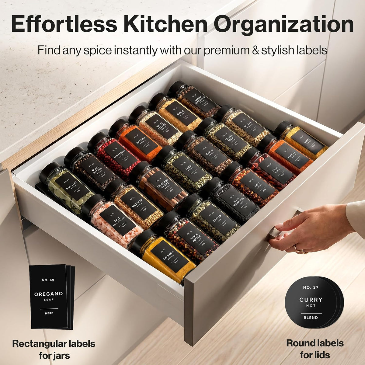 EDELHAUS Glass Spice Jars with Label, Seasoning Set, 24x Black Steel Lids