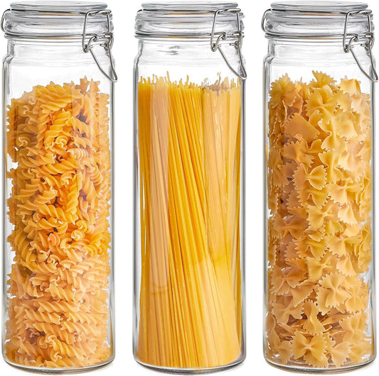 ComSaf 60oz Airtight Glass Jars Set of 3 with Lids Food Storage Jar Round - Tall Spaghetti Container with Clear Preserving
