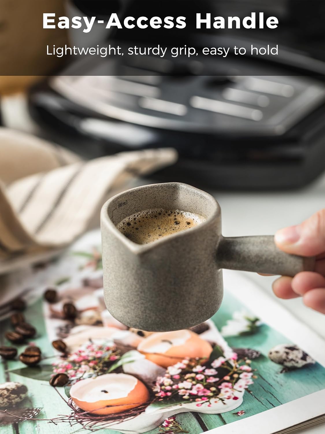 Espresso Cup 3 OZ, Ceramic Espresso Measuring Cup, Double Spouts | Espresso Shot Cup with Handle, Espresso Accessories, Dual Measurement Scale, Cute Espresso Pour Cup, Gray
