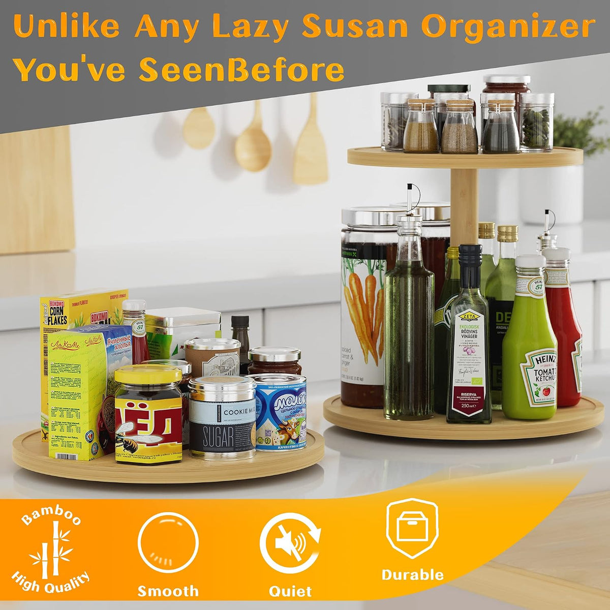 Lazy Susan Organizer Homerays 12 Inch Non-Skid Bamboo Lazy Susan for Kitchen Rotating Spice Rack for Kitchen Cabinet, Wood Turntable for Kitchen Countertop Organizer