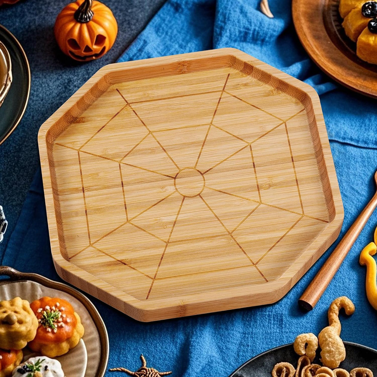 TJ POP Bamboo Serving Tray - Octagon Spider Web Design Snack Dessert Platter for Candy, Cheese, Natural Wood Appetizer Tray Charcuterie Board for Party, Home Decor &amp; Food Display (10” x 9”)