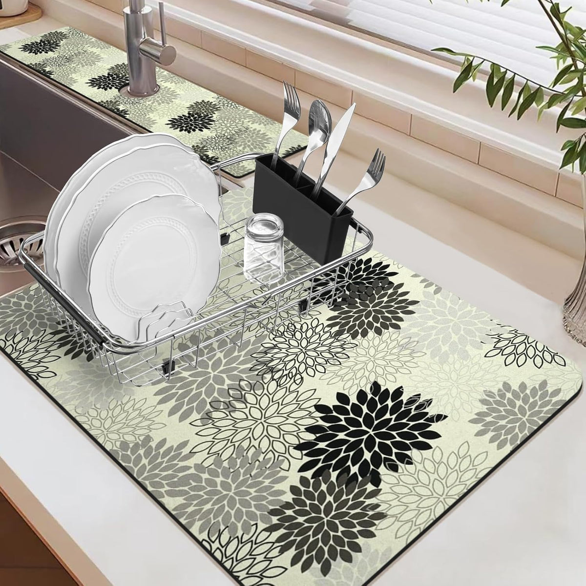 19.5" x 12" Dish Drying Mat & 24" x 5.5" Sink Splash Guard, Super Absorbent Drainer Rack Mat for Kitchen Counter Coffee Bar