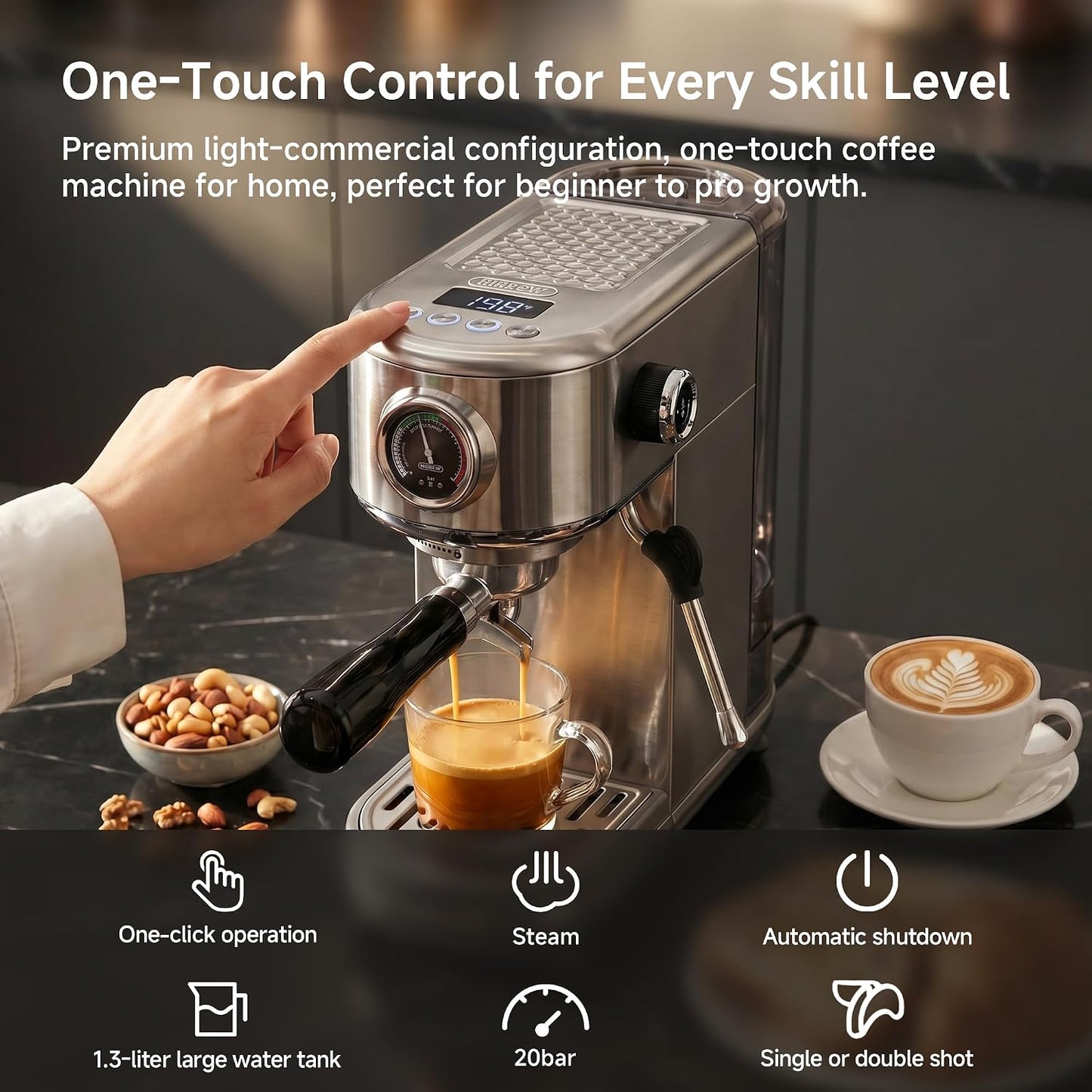 HIBREW H10B Programmable Espresso Machine with LED Display &amp; Pressure Gauge | 20 Bar Compact Stainless Steel Coffee Maker with Milk Frother, 51mm Portafilter for Cappuccino Latte
