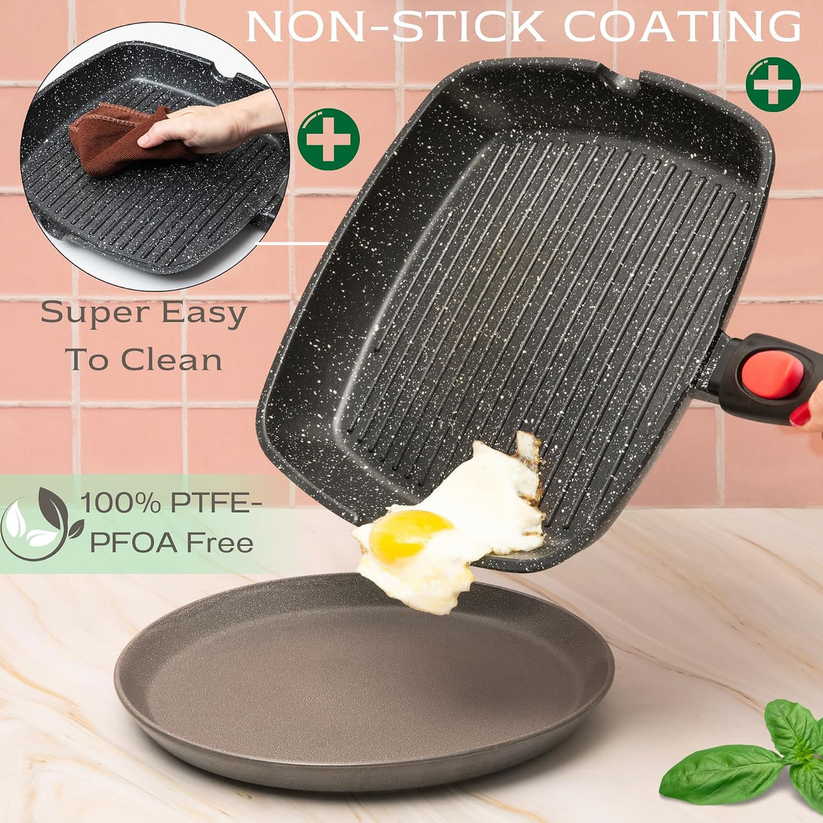 Moss &amp; Stone Grill Pan for Indoor Cooking 11Inch Nonstick Square Grill Pan