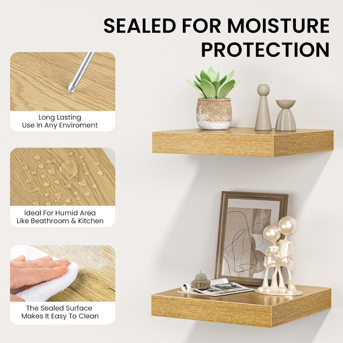 FLYJOE Square Floating Shelves for Wall, 10" W x 10" D x 1.4" H, Small Wooden Wall Mounted Display Shelves with Invisible Brackets for Living Room, Bedroom, Bathroom, Kitchen Decor, Set of 4, Oak