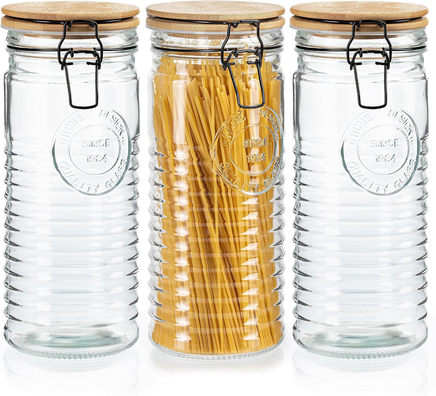 kitchentoolz Tall Glass Pasta Storage Containers with Airtight Clasp Lids - Set of 3 Glass Spaghetti Storage Containers for - 56 Ounce Pantry Organizing Canister Set - 9.75 Inch Tall