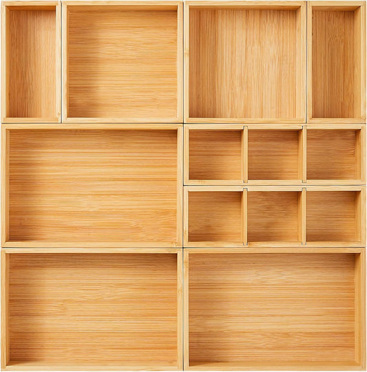 Fabsome Drawer Organizer, Set of 9 Bamboo Wood Kitchen Makeup Desk Junk Tea Drawer Storage Boxes Bins for Cutlery Silverware