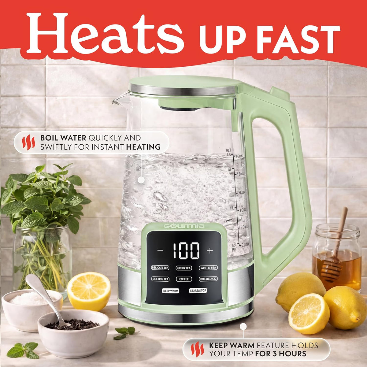 Gourmia Electric Glass Kettle - 1.7L Capacity