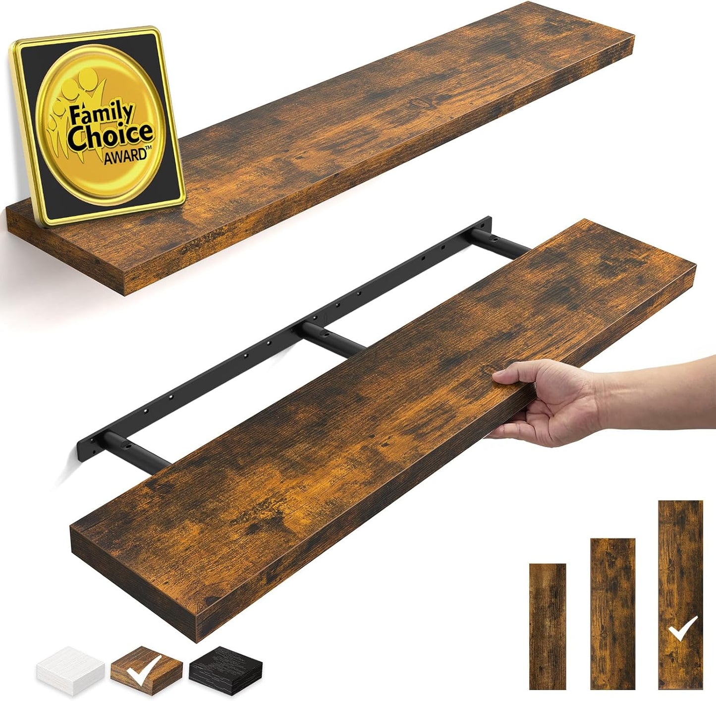 BAYKA Rustic Brown Floating Shelves 47.2in, Set of 2, Wall Mount Wood Shelf