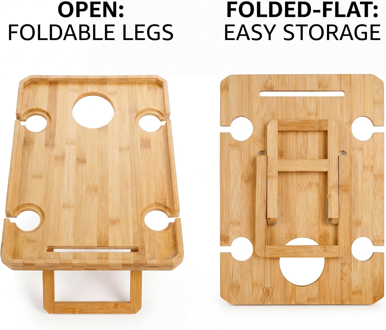 Kingrol Bamboo Picnic Wine Table, Foldable Outdoor Snack Table with Bottle Holder, 4 Glass Slots and Knife Slot, 16.1 x