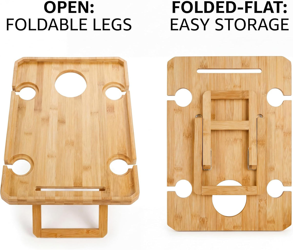 Kingrol Bamboo Picnic Wine Table, Foldable Outdoor Snack Table with Bottle Holder, 4 Glass Slots and Knife Slot, 16.1 x 12.5 x 6 in