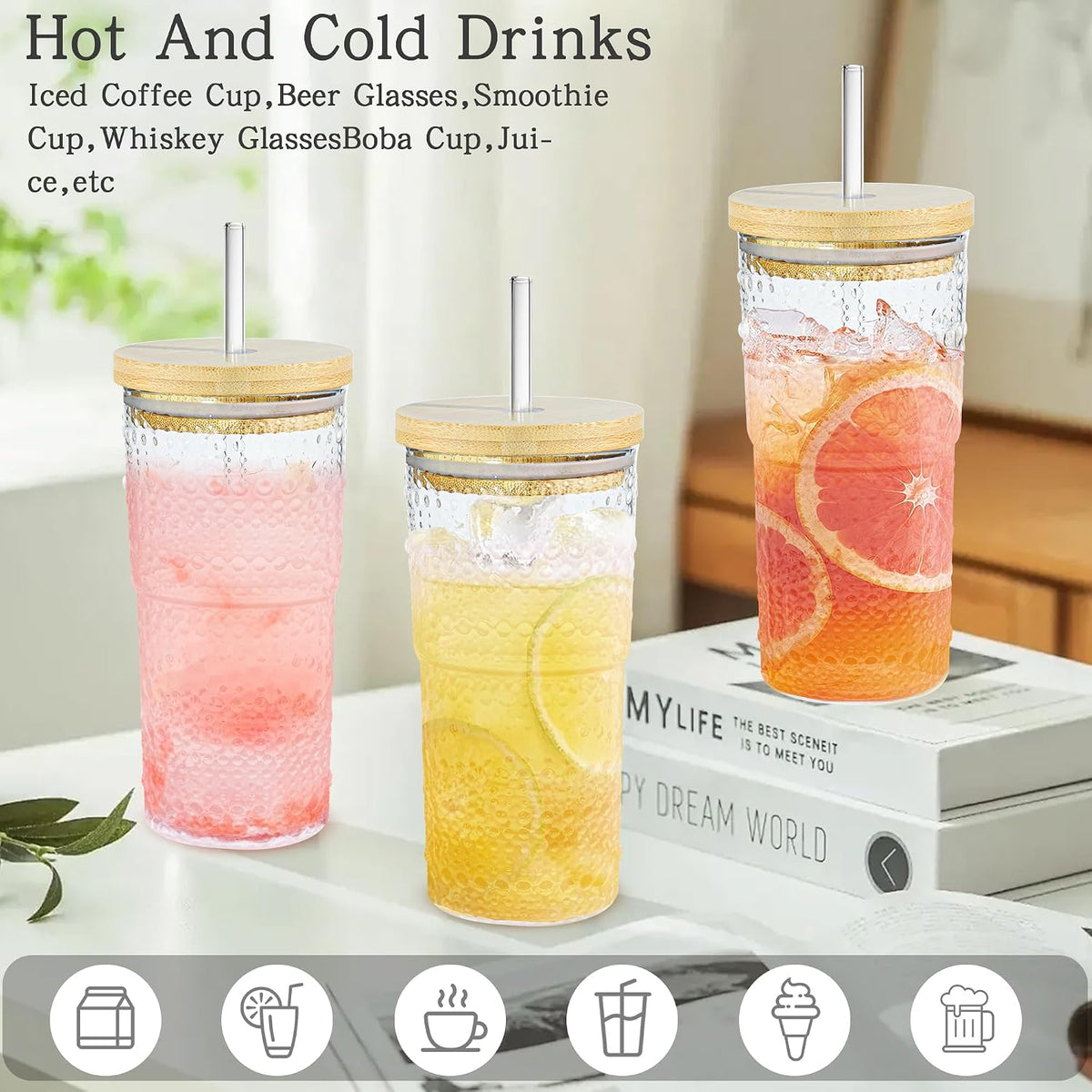 4 Pack 20oz Hobnail Drinking Glasses with Bamboo Lids and Glass Straw