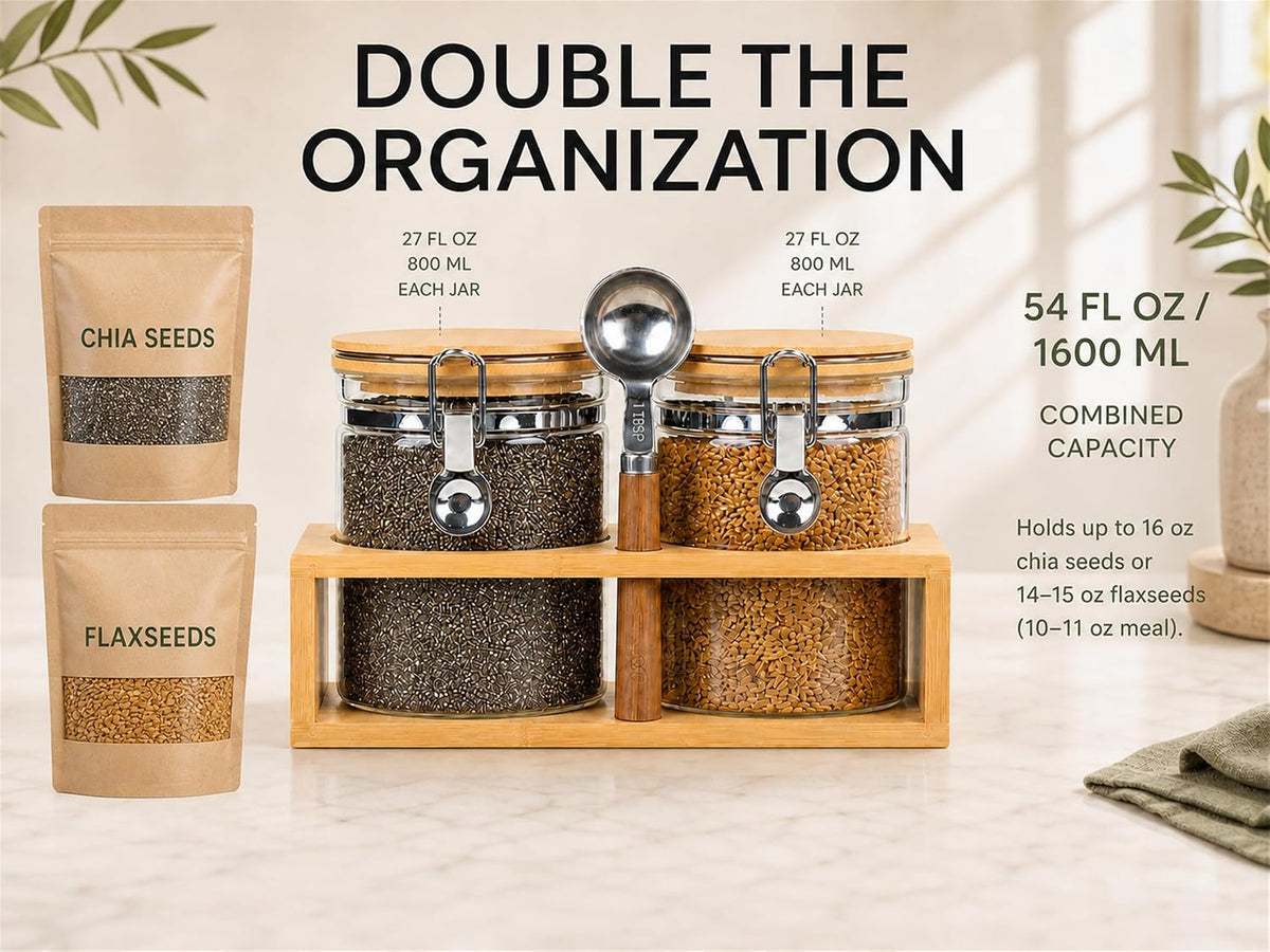 KKC HOME ACCENTS Glass Canisters Set with Bamboo Rack &amp; Spoon, 27oz 2 Pack
