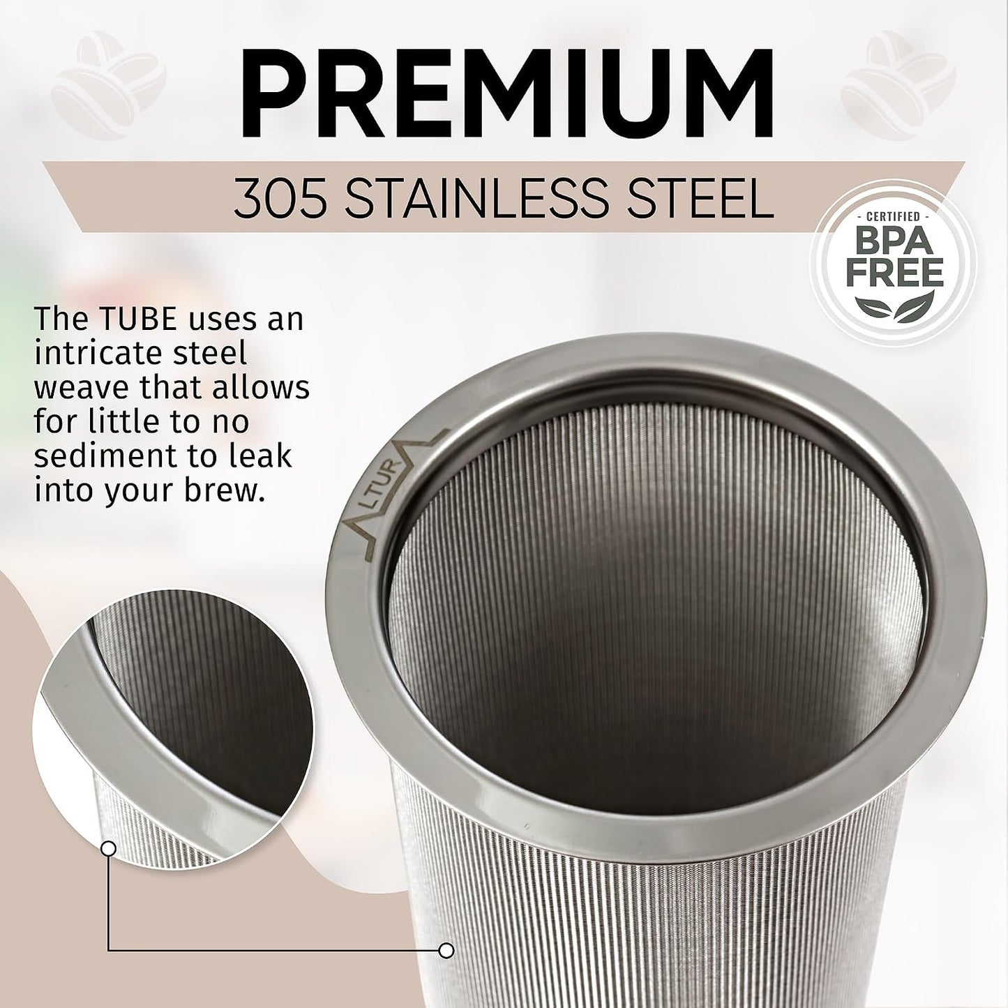 Altura The TUBE Cold Brew Coffee Maker and Tea Infuser for Wide Mouth Mason Jars - Stainless Steel Cold Brew Filter Strainer for Iced Coffee, Fruit Water &amp; More - (32oz/1qt)