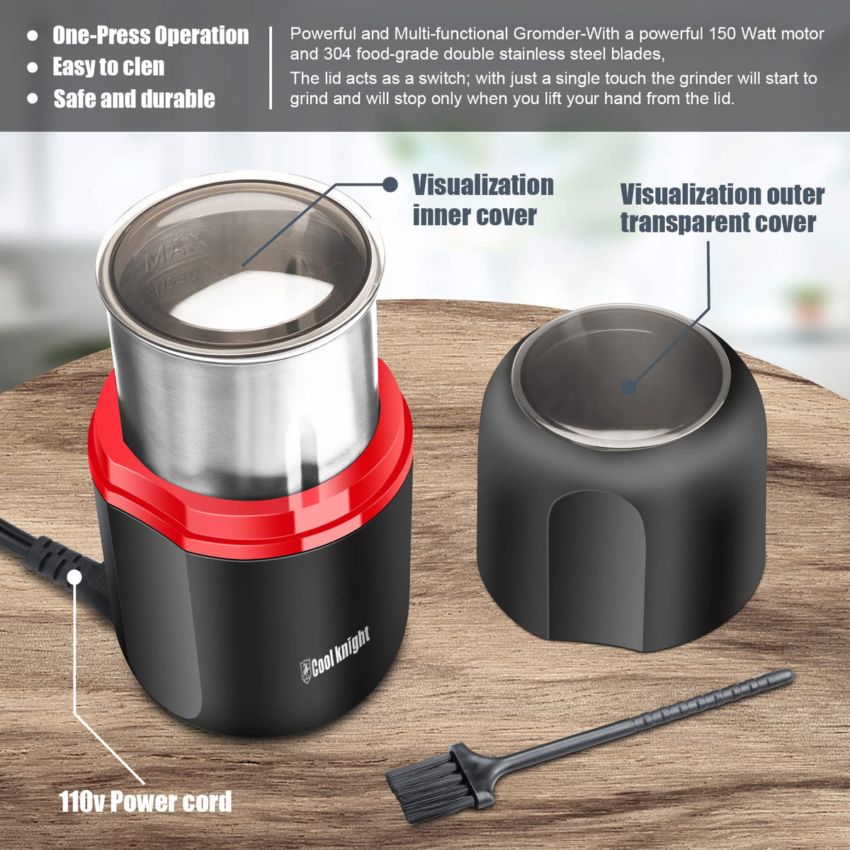 COOL KNIGHT Herb Grinder [large capacity/fast/Electric ]-Spice Herb Coffee Grinder with Pollen Catcher/- 7.5" (Black)