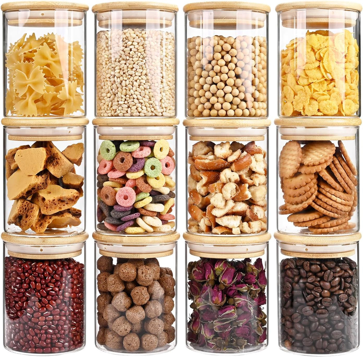 17oz Glass Food Storage Jars, Glass Jars with Bamboo Lids, Kitchen Storage Jars, Set of 12, Canisters with Airtight Lids for Spice, Coffee, Cookie, Pantry Organizers