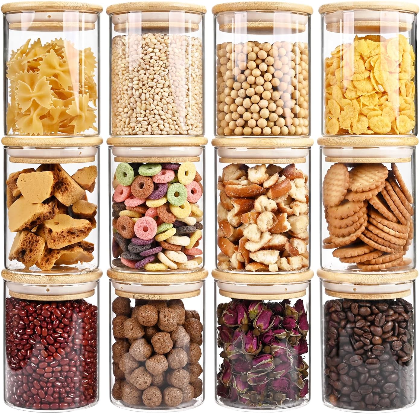17oz Glass Food Storage Jars, Glass Jars with Bamboo Lids, Kitchen Storage Jars, Set of 12, Canister