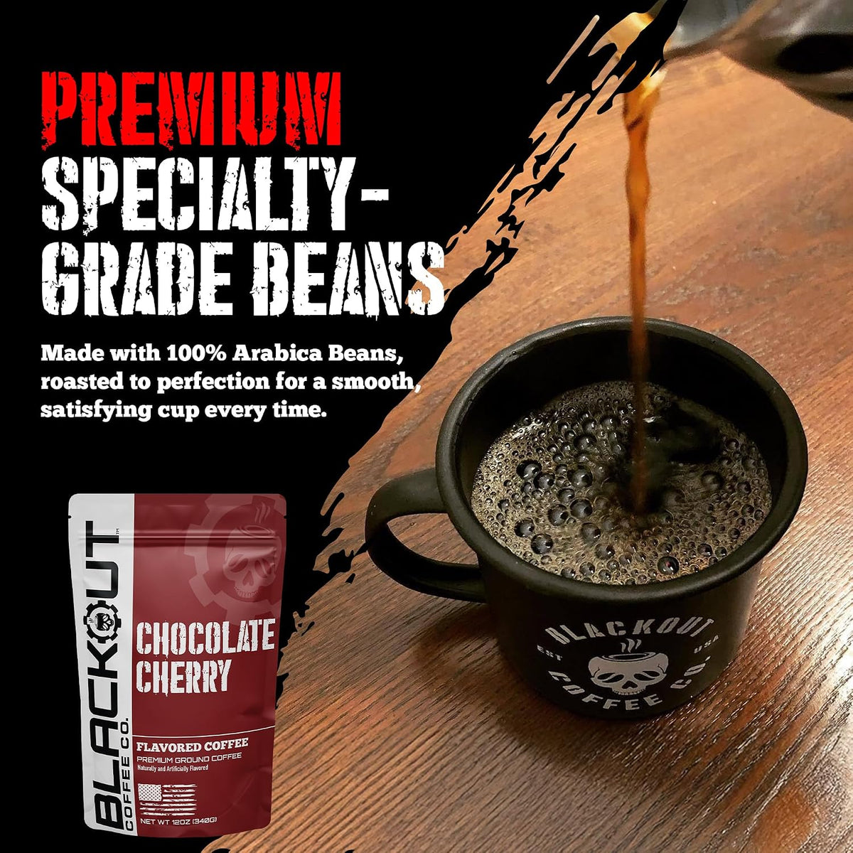 Blackout Coffee Chocolate Cherry Flavored Ground Coffee – Medium Roast, Smooth Taste, Guilt-Free Indulgence – Freshly Roasted 12oz Pouch.