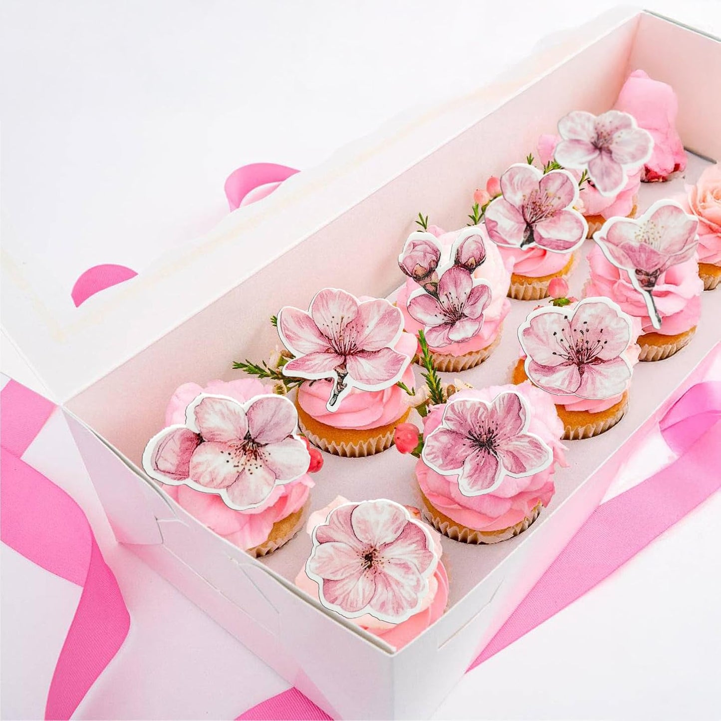 Ephlyn 50Pcs Edible Flowers Cake Topper Cupcake Toppers Wedding Themed Party Baby Shower Birthday Party Cupcake Picks Anniversary Party Decorations Supplies Pink