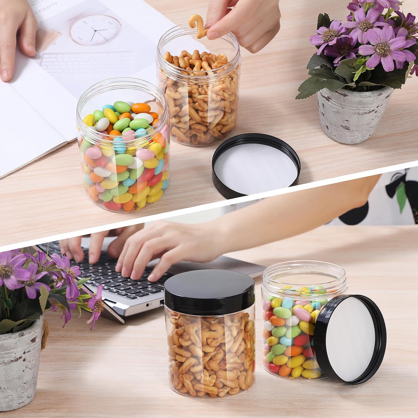 Plastic Jars with Lids, 16 oz Plastic Containers with Lids Clear Airtight Container Storage Jar Mason Jars for Dry Food Peanut Butter Honey Jam Cosmetics, Pack of 16 (16 PCS Black Lids)