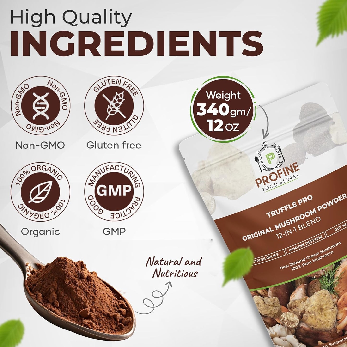 Profine Truffle PRO Mushroom Powder 12- in - 1 Super Blend with Black Truffle and White Truffle - USDA Organic - Supplement