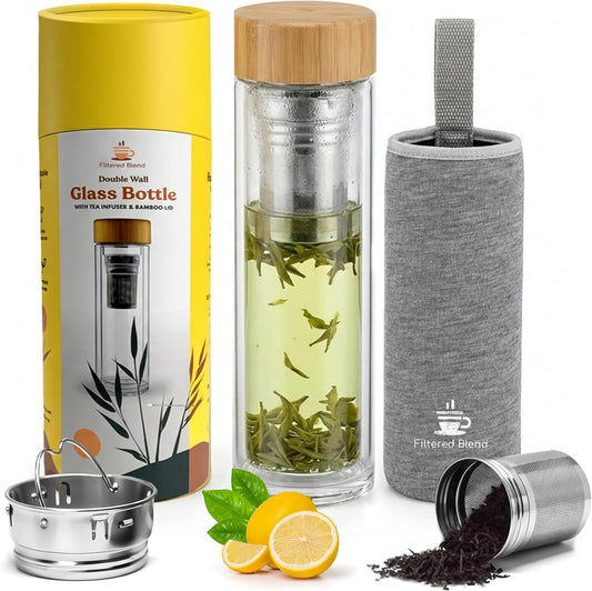 15oz Double Wall Glass Water Bottle with Bamboo Lid and Tea Infuser – Insulated, Leak-Proof, and Eco-Friendly Travel Tea Mug with Filter for Hot or Cold Beverages