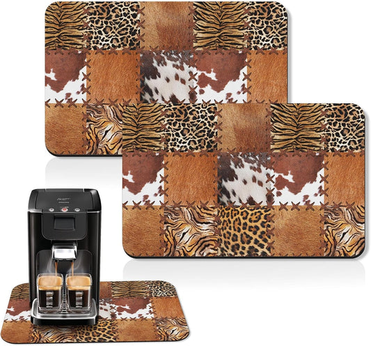 Arttown Coffee Mat for Countertops, 2 Pcs, 12" x 19" Cow Tiger | Leopard Patchwork Tribal Dish Drying Mats Rubber Backed, Kitchen Bar Accessories for Espresso Machine Rack Hide Stain