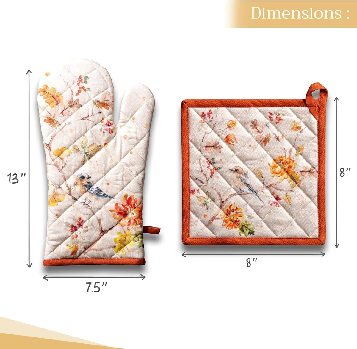 Maison d' Hermine 100% Cotton Oven Mitt & Pot Holder Set (7.5"x13" & 8"x8") Heat Resistant BBQ Cooking Gloves with Loop, Baking, Grilling, Kitchen, Handling Hot Pans (Kelim - Prairie)