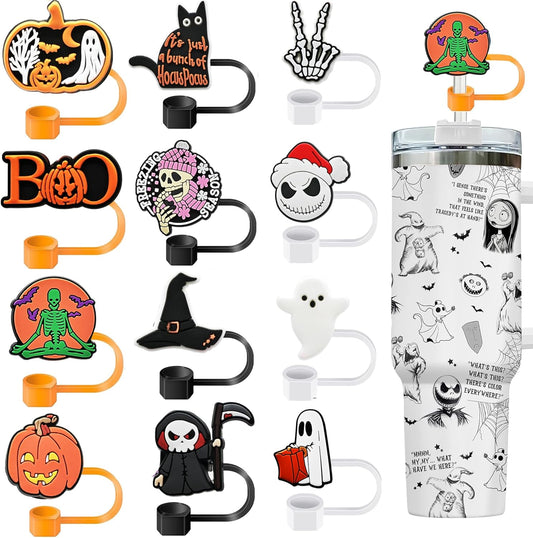 12 PCS Halloween Straw Toppers for Stanley 30&40 Oz Tumbler, 10mm/04in Straw Covers Cap for All 9-10mm Straws, Dust-Proof