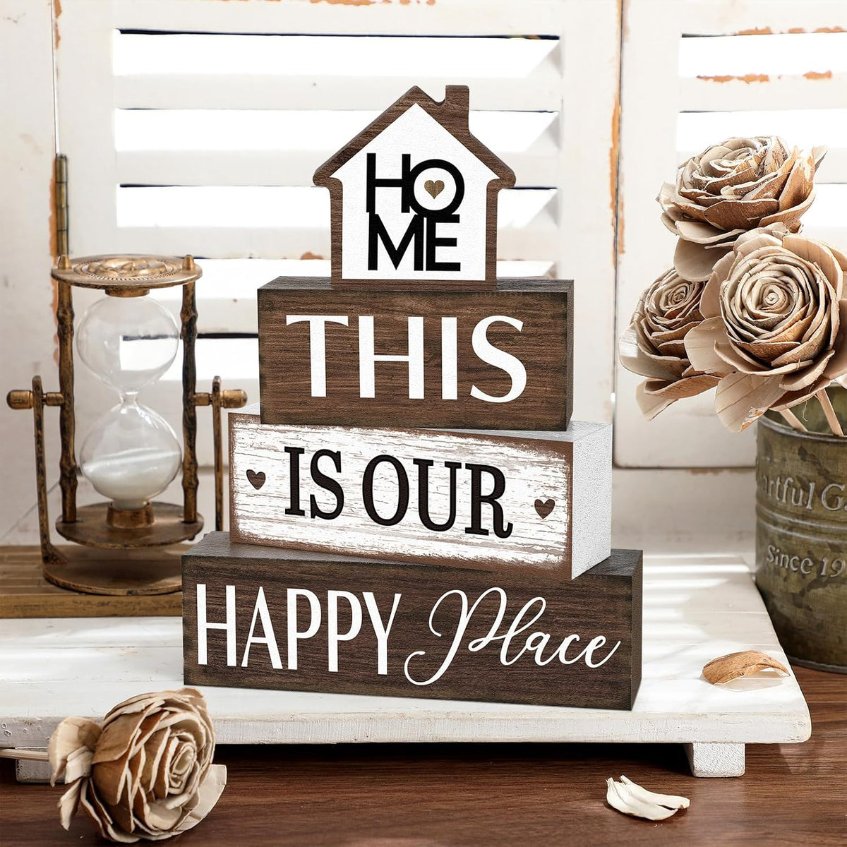 Cinnvoice 4 Pcs Farmhouse Table Decoration Rustic Sign Block,Vintage Home | This Is Our Happy Place Wood Sign, Home Tabletop Centerpiece, Modern Farmhouse Decor for Home Kitchen Shelf Tier Tray Decor