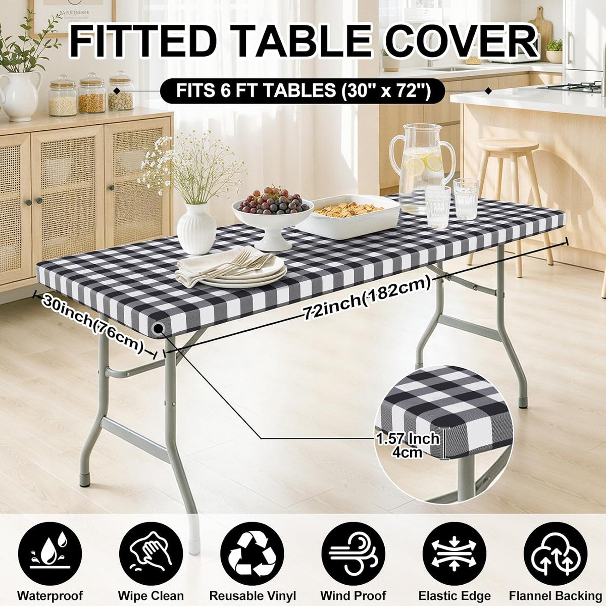 Smiry 6 Foot Picnic Table Cloth, Flannel Backed Fitted Vinyl tablecloths | Waterproof Elastic Rectangle Tablecloth ,Buffalo Plaid Table Covers for Dining, Camping, Outdoor (Black and White, 30" x 72")